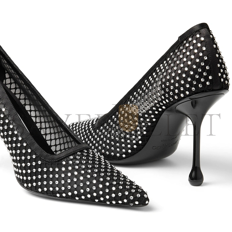 JIMMY CHOO IXIA 95 BLACK SATIN CRYSTAL MESH PUMPS IXIA95QHS JIMMY CHOO IXIA 95 BLACK SATIN CRYSTAL MESH PUMPS IXIA95QHS